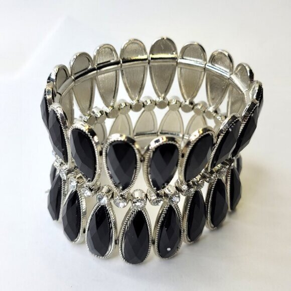 Women's Black Stretch Cuff Bracelet Wide Large Cuffs - Picture 4 of 8